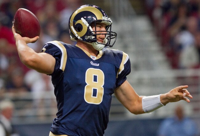ST. LOUIS - SEPTEMBER 2: Sam Bradford #8 of the St. Louis Rams passes against the Baltimore Ravens during an NFL preseason game at the Edward Jones Dome on September 2, 2010 in St. Louis, Missouri.  (Photo by Dilip Vishwanat/Getty Images)