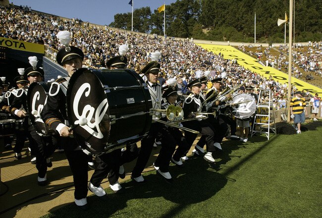 BERKELEY, CA  - SEPTEMBER 27:  The California Golden Bears marching band preform their routine during the game against the USC Trojans at Memorial Stadium on September 27, 2003 in Berkeley, California.  Cal won 34-31 in triple overtime.  (Photo by Stephen Dunn/Getty Images)