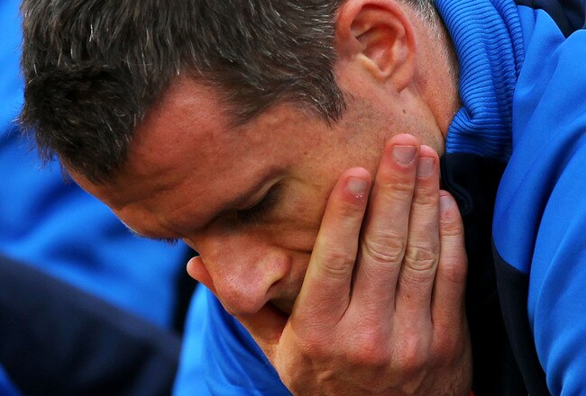 BLOEMFONTEIN, SOUTH AFRICA - JUNE 27:  Jamie Carragher of England looks thoughtful ahead of the 2010 FIFA World Cup South Africa Round of Sixteen match between Germany and England at Free State Stadium on June 27, 2010 in Bloemfontein, South Africa.  (Photo by Clive Rose/Getty Images)