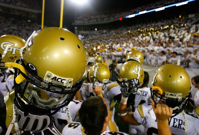 ATLANTA - SEPTEMBER 10:  The Georgia Tech Yellow Jackets celebrate their 30-27 win over the Clemson Tigers at Bobby Dodd Stadium on September 10, 2009 in Atlanta, Georgia.  (Photo by Kevin C. Cox/Getty Images)
