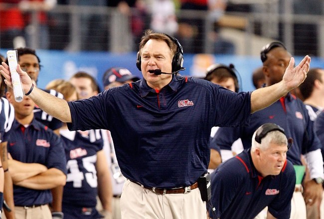 ARLINGTON, TX - JANUARY 02:  Head coach Houston Nutt of the Mississippi Rebels during the AT&T Cotton Bowl on January 2, 2010 at Cowboys Stadium in Arlington, Texas.  (Photo by Ronald Martinez/Getty Images)