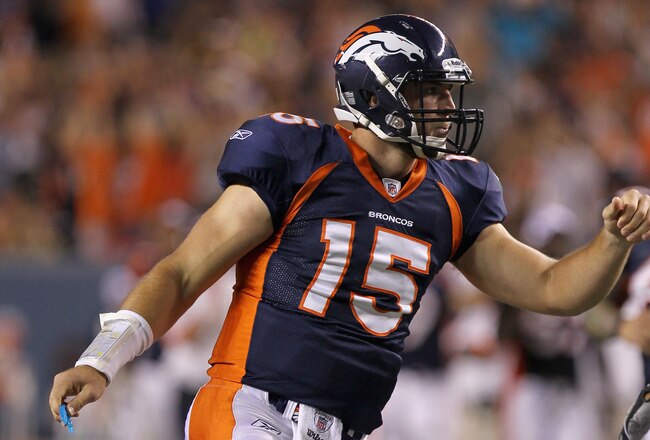 DENVER - AUGUST 29:  Quarterback Tim Tebow #15 of the Denver Broncos celebrates his fourth quarter touchdown pass to Eric Decker against the Pittsburgh Steelers during preseason NFL action at INVESCO Field at Mile High on August 29, 2010 in Denver, Colorado. The Broncos defeated the Steelers 34-17.  (Photo by Doug Pensinger/Getty Images)