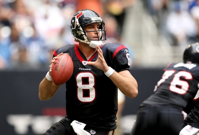HOUSTON - NOVEMBER 29:  Quarterback Matt Schaub #8 of the Houston Texans throws a pass against the Indianapolis Colts on November 29, 2009  at Reliant Stadium in Houston, Texas. The Colts won 35-27.  (Photo by Stephen Dunn/Getty Images)
