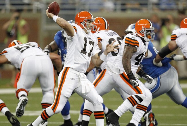 DETROIT - AUGUST 28: Jake Delhomme #17 of the Cleveland Browns throws a first quarter pass while playing the Detroit Lions during a preseason game on August 28, 2010 at Ford Field in Detroit, Michigan. (Photo by Gregory Shamus/Getty Images)