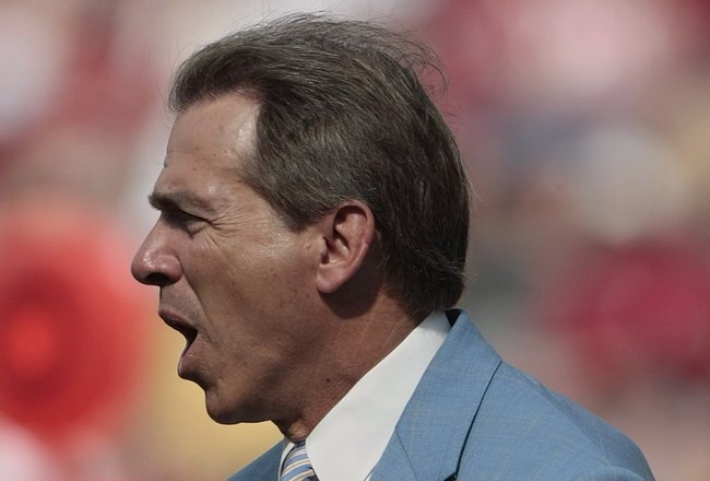 TUSCALOOSA, AL - APRIL 17:  Coach Nick Saban of the Alabama Crimson Tide reacts during the Alabama spring game at Bryant Denny Stadium on April 17, 2010 in Tuscaloosa, Alabama. (Photo by Dave Martin/Getty Images)
