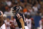 CHICAGO - AUGUST 28: Dan LeFevour #15 of the Chicago Bears runs for a first down against the Arizona Cardinals during a preseason game at Soldier Field on August 28, 2010 in Chicago, Illinois. The Cardinals defeated the Bears 14-9. (Photo by Jonathan Daniel/Getty Images)