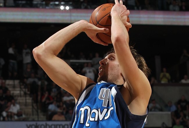 SAN ANTONIO - APRIL 25:  Dirk Nowitzki #41 of the Dallas Mavericks in Game Four of the Western Conference Quarterfinals during the 2010 NBA Playoffs at AT&T Center on April 25, 2010 in San Antonio, Texas. NOTE TO USER: User expressly acknowledges and agrees that, by downloading and or using this photograph, User is consenting to the terms and conditions of the Getty Images License Agreement.  (Photo by Ronald Martinez/Getty Images)