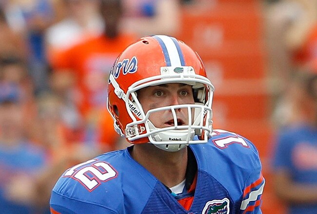 GAINESVILLE, FL - SEPTEMBER 04:  Quarterback John Brantley #12 of the Florida Gators attempts a pass against the Miami University RedHawks at Ben Hill Griffin Stadium on September 4, 2010 in Gainesville, Florida. Florida beat Miami 34-12.  (Photo by Sam Greenwood/Getty Images)