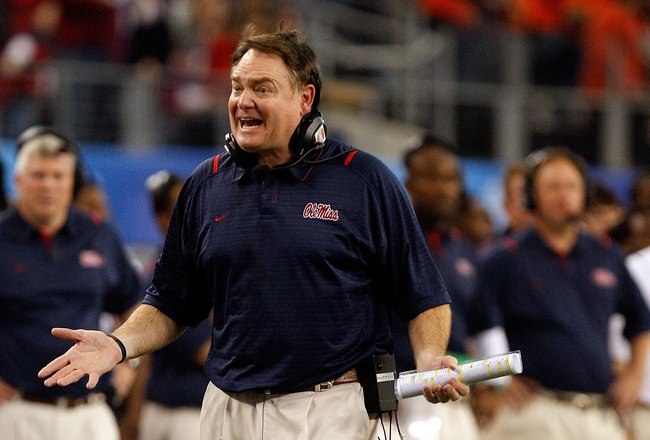 ARLINGTON, TX - JANUARY 02:  Head coach Houston Nutt of the Mississippi Rebels during the AT&T Cotton Bowl on January 2, 2010 at Cowboys Stadium in Arlington, Texas.  (Photo by Ronald Martinez/Getty Images)