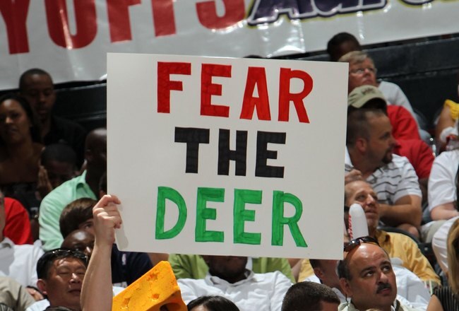 ATLANTA - MAY 2:  A fan holds up a 'Fear the Deer' sign during Game Seven of the Eastern Conference Quarterfinals between the Milwaukee Bucks and the Atlanta Hawks during the 2010 NBA Playoffs at Philips Arena on May 2, 2010 in Atlanta, Georgia. NOTE TO USER: User expressly acknowledges and agrees that, by downloading and/or using this photograph, user is consenting to the terms and conditions of the Getty Images License Agreement.  (Photo by Mike Zarrilli/Getty Images)