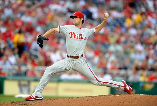 WASHINGTON - AUGUST 01:  Cole Hamels #35 of the Philadelphia Phillies pitches against the Washington Nationals at Nationals Park on August 1, 2010 in Washington, DC.  (Photo by Greg Fiume/Getty Images)