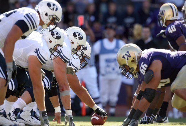 SEATTLE - SEPTEMBER 6:  The BYU Cougars offense lines up against the Washington Huskies defense during their game on September 6, 2008 at Husky Stadium in Seattle, Washington. The Cougars defeated the Huskies 28-27. (Photo by Otto Greule Jr/Getty Images)