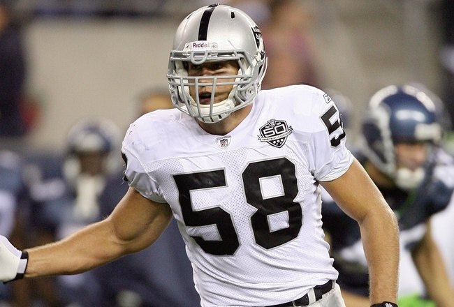 SEATTLE - SEPTEMBER 03:  Slade Norris #58 of the Oakland Raiders blocks during the game against the Seattle Seahawks on September 3, 2009 at Qwest Field in Seattle, Washington. (Photo by Otto Greule Jr/Getty Images)