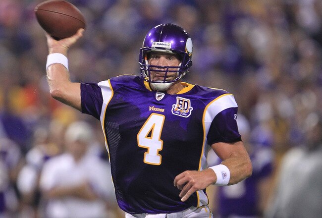 MINNEAPOLIS - AUGUST 28:  Brett Favre #4 of the Minnesota Vikings throws a pass against the Seattle Seahawks during a preseason NFL game at Mall of America Field at the Hubert H. Humphrey Metrodome on August 28, 2010  in Minneapolis, Minnesota.  (Photo by Chris McGrath/Getty Images)