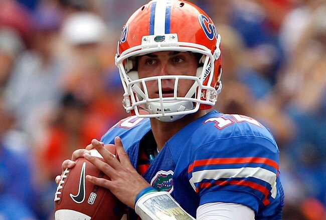 GAINESVILLE, FL - SEPTEMBER 04:  Quarterback John Brantley #12 of the Florida Gators attempts a pass against the Miami University RedHawks at Ben Hill Griffin Stadium on September 4, 2010 in Gainesville, Florida.  (Photo by Sam Greenwood/Getty Images)
