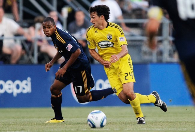 COLUMBUS, OH - MAY 29:  Tristan Bowen #17 of the Los Angeles Galaxy defends against Jed Zayner #24 of the Columbus Crew on May 29, 2010 at Crew Stadium in Columbus, Ohio.  (Photo by Jamie Sabau/Getty Images)