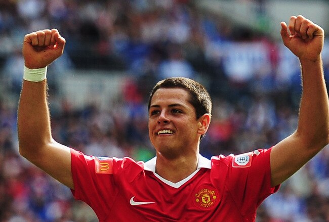 LONDON, ENGLAND - AUGUST 08:  Javier Hernandez of Manchester United celebrates as he scores their second goal during the FA Community Shield match between Chelsea and Manchester United at Wembley Stadium on August 8, 2010 in London, England.  (Photo by Laurence Griffiths/Getty Images)