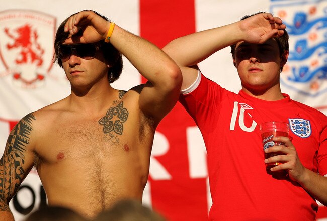 BLOEMFONTEIN, SOUTH AFRICA - JUNE 27:  England fans enjoy the atmosphere ahead of the 2010 FIFA World Cup South Africa Round of Sixteen match between Germany and England at Free State Stadium on June 27, 2010 in Bloemfontein, South Africa.  (Photo by Clive Rose/Getty Images)