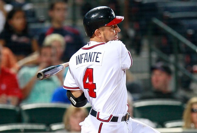 ATLANTA - AUGUST 31:  Omar Infante #4 of the Atlanta Braves against the New York Mets at Turner Field on August 31, 2010 in Atlanta, Georgia.  (Photo by Kevin C. Cox/Getty Images)