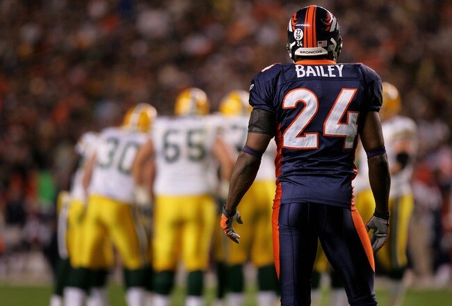 DENVER - OCTOBER 29:  Champ Bailey #24 of the Denver Broncos is ready to defend against the Green Bay Packers as the Packers defeated the Broncos 19-13 in overtime at Invesco Field at Mile High on October 29, 2007 in Denver, Colorado.  (Photo by Doug Pensinger/Getty Images)