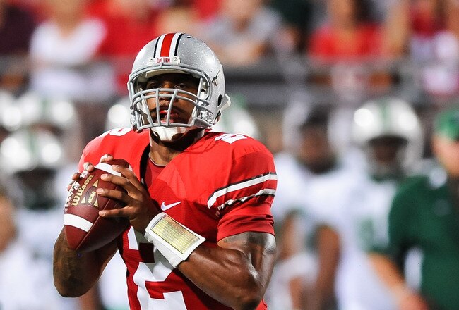 COLUMBUS, OH - SEPTEMBER 2: Terrelle Pryor #2 of the Ohio State Buckeyes drops back in the pocket against the Marshall Thundering Herd at Ohio Stadium on September 2, 2010 in Columbus, Ohio. (Photo by Jamie Sabau/Getty Images)