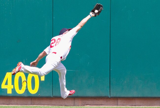 ST. LOUIS - AUGUST 15: Colby Rasmus #28 of the St. Louis Cardinals catches a deep fly ball against the Chicago Cubs at Busch Stadium on August 15, 2010 in St. Louis, Missouri.  The Cubs beat the Cardinals 9-7.  (Photo by Dilip Vishwanat/Getty Images)