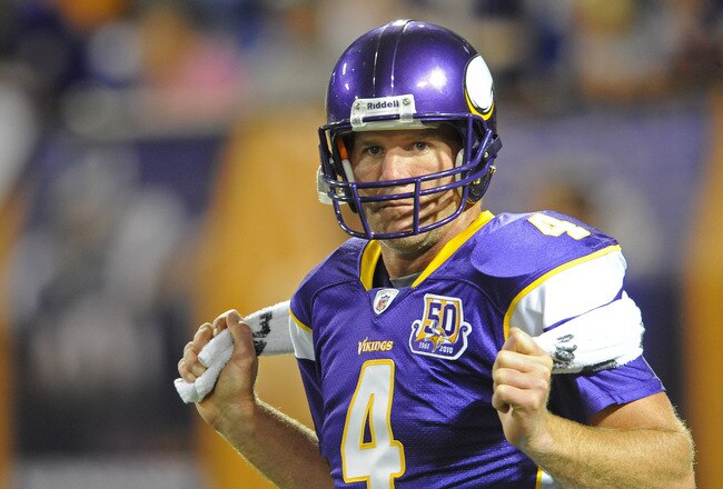 MINNEAPOLIS - SEPTEMBER 02:  Brett Favre #4 of the Minnesota Vikings stretches during warmups prior to an NFL preseason game against the Denver Broncos at the Mall of America Field at Hubert H. Humphrey Metrodome, on September 2, 2010 in Minneapolis, Minnesota.  (Photo by Tom Dahlin/Getty Images)