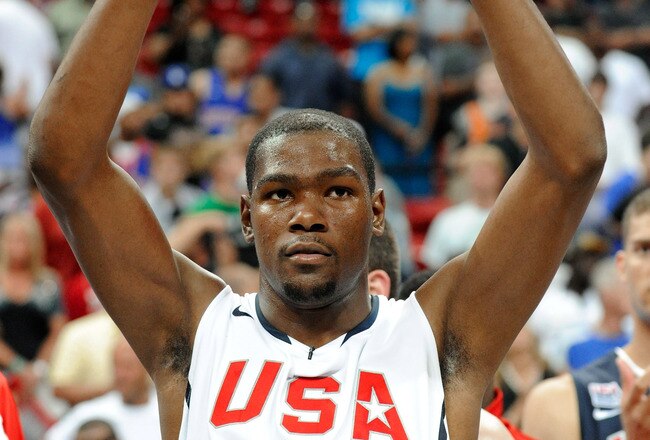 LAS VEGAS - JULY 24:  Kevin Durant #5 of the 2010 USA Basketball Men's National Team holds up a Tiffany & Co. player-of-the-game cup after a USA Basketball showcase at the Thomas & Mack Center on July 24, 2010 in Las Vegas, Nevada.  (Photo by Ethan Miller/Getty Images)