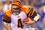 INDIANAPOLIS - SEPTEMBER 02:  J.T. O'Sullivan #4  of the Cincinnati Bengals is sacked by Ricardo Mathews #91 of the Indianapolis Colts during the NFL preseason game at Lucas Oil Stadium on September 2, 2010 in Indianapolis, Indiana.  (Photo by Andy Lyons/Getty Images)