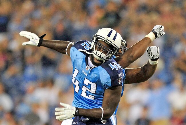 NASHVILLE, TN - SEPTEMBER 02:  LeGarrette Blount #42 of the Tennessee Titans celebrates with teammate Fernando Velasco #61 after scoring a touchdown against the New Orleans Saints during an exhibition game at LP Field on September 2, 2010 in Nashville, Tennessee. Tennessee won 27-24.  (Photo by Grant Halverson/Getty Images)
