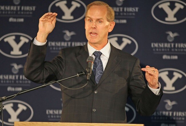 PROVO, UT - SEPTEMBER 1:  BYU  Athletic Director Tom Holmoe announces that BYU football will become independent in football in 2011 separating from the Mountain West Conference, September 1, 2010 in Provo, Utah. The remaining BYU sports will become affiliated with the West Coast Conference in 2011. (Photo by George Frey/Getty Images)