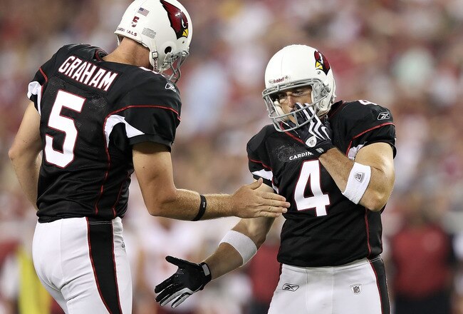 GLENDALE, AZ - SEPTEMBER 02:  Kicker Jay Feely #4 of the Arizona Cardinals high fives teammate Ben Graham #5 after kicking a 22 yard field goal during the third quarter of the preseason NFL game against the Washington Redskins at the University of Phoenix Stadium on September 2, 2010 in Glendale, Arizona. The Cardinals defeated the Redskins 20-10.  (Photo by Christian Petersen/Getty Images)