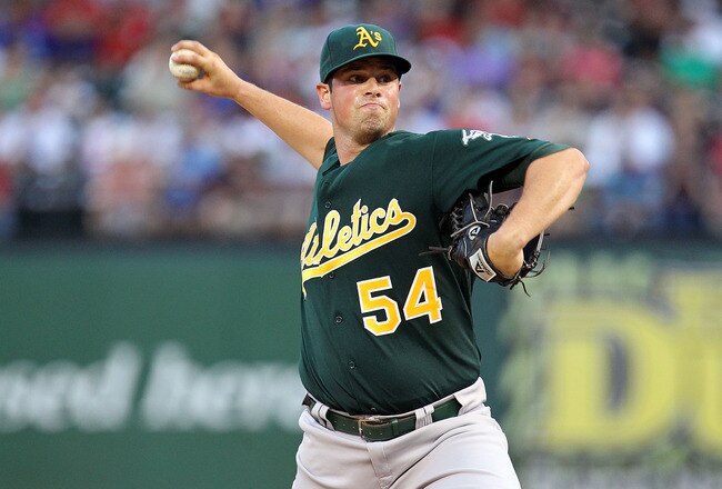 ARLINGTON, TX - JULY 29:  Vin Mazzaro #54 of the Oakland Athletics throws against the Texas Rangers on July 29, 2010 at Rangers Ballpark in Arlington, Texas.  (Photo by Ronald Martinez/Getty Images)