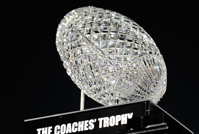 PASADENA, CA - JANUARY 07:  The BCS National Championship trophy which was won by the Alabama Crimson Tide after winning the Citi BCS National Championship game over the Texas Longhorns at the Rose Bowl on January 7, 2010 in Pasadena, California. The Crimson Tide defeated the Longhorns 37-21.  (Photo by Kevork Djansezian/Getty Images)