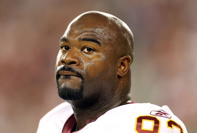 GLENDALE, AZ - SEPTEMBER 02:  Defensive tackle Albert Haynesworth #92 of the Washington Redskins stands on the sidelines during preseason NFL game against the Arizona Cardinals at the University of Phoenix Stadium on September 2, 2010 in Glendale, Arizona.  The Cardinals defeated the Redskins 20-10. (Photo by Christian Petersen/Getty Images)