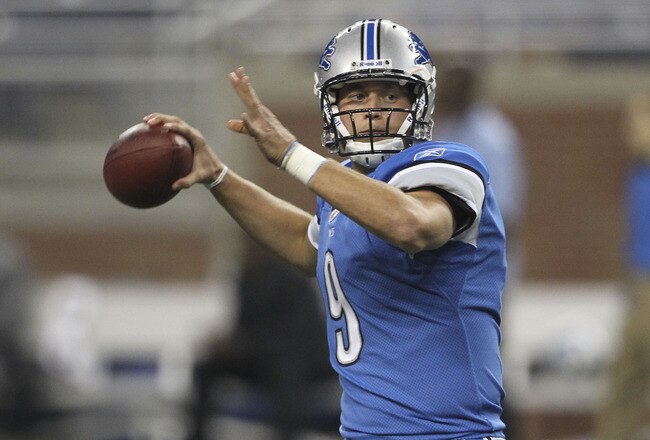 DETROIT - SEPTEMBER 02:  Matthew Stafford #9 of the Detroit Lions warms up prior to the start of the preseason game against the Buffalo Bills at Ford Field on September 2, 2010 in Detroit, Michigan.  (Photo by Leon Halip/Getty Images)