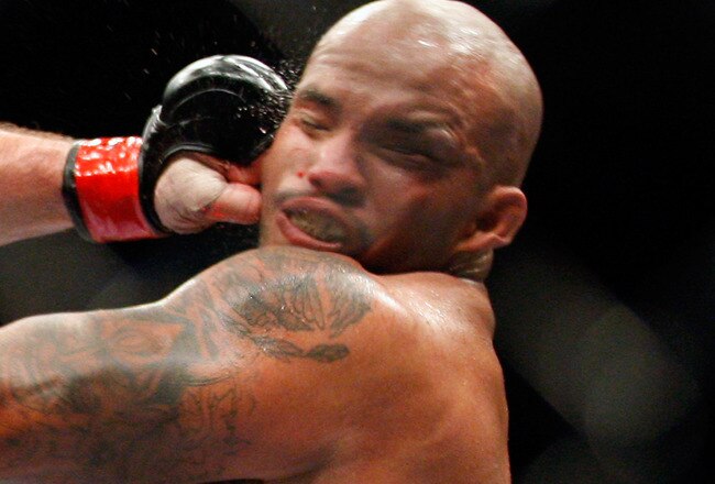 MONTREAL- MAY 8: Joey Beltran and Tim Hague exchange blows in their heavyweight bout at UFC 113 at Bell Centre on May 8, 2010 in Montreal, Quebec, Canada.  (Photo by Richard Wolowicz/Getty Images)