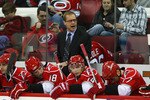 RALEIGH, NC - NOVEMBER 19: Head coach Paul Maurice of the Carolina Hurricanes leads his team against the Toronto Maple Leafs at the RBC Center on November 19, 2009 in Raleigh, North Carolina.  (Photo by Bruce Bennett/Getty Images)