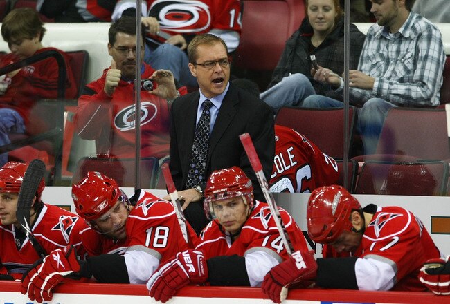 RALEIGH, NC - NOVEMBER 19: Head coach Paul Maurice of the Carolina Hurricanes leads his team against the Toronto Maple Leafs at the RBC Center on November 19, 2009 in Raleigh, North Carolina.  (Photo by Bruce Bennett/Getty Images)