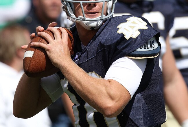SOUTH BEND, IN - SEPTEMBER 04: Nate Montana #16 of the Notre Dame Fighting Irish throws a pass during warm-ups before a game against the Purdue Boilermakers at Notre Dame Stadium on September 4, 2010 in South Bend, Indiana. Notre Dame defeated Purdue 23-12. (Photo by Jonathan Daniel/Getty Images)