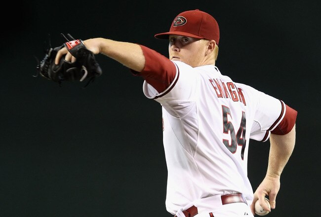 PHOENIX - JULY 20:  Starting pitcher Barry Enright #54 of the Arizona Diamondbacks pitches in between innings of the Major League Baseball game against the New York Mets at Chase Field on July 20, 2010 in Phoenix, Arizona.  (Photo by Christian Petersen/Getty Images)