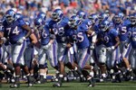 LAWRENCE, KS - SEPTEMBER 19: The Kansas Jayhawks jog onto the field before the game against the Duke Blue Devils on Kivisto Field at Memorial Stadium on September 19, 2009 in Lawrence, Kansas. (Photo by Jamie Squire/Getty Images)