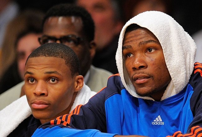 LOS ANGELES, CA - APRIL 27:  (L-R) Russell Westbrook #0 and Kevin Durant #35 of the Oklahoma City Thunder sit on the bench late in the fourth quarter while taking on the Los Angeles Lakers during Game Five of the Western Conference Quarterfinals of the 2010 NBA Playoffs at Staples Center on April 27, 2010 in Los Angeles, California.  (Photo by Kevork Djansezian/Getty Images)