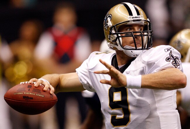 NEW ORLEANS - AUGUST 27:  Drew Brees #9 of the New Orleans Saints in action against the San Diego Chargers at the Louisiana Superdome on August 27, 2010 in New Orleans, Louisiana.  (Photo by Chris Graythen/Getty Images)