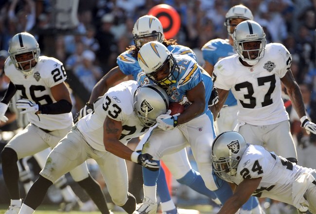 SAN DIEGO - NOVEMBER 01:  Darren Sproles #43 of the San Diego Chargers gets hit by Tyvon Branch #33 and Michael Huff #24 of the Oakland Raiders during the game at Qualcomm Stadium on November 1, 2009 in San Diego California. The Chargers defeated the Raiders 24-16. (Photo by Harry How/Getty Images)