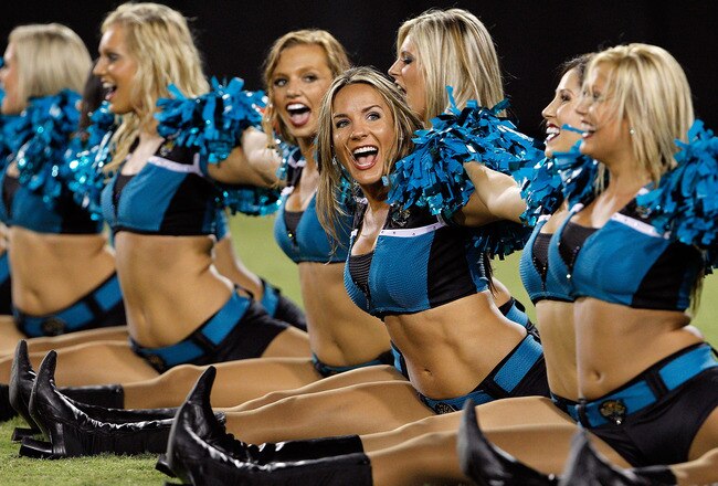 JACKSONVILLE, FL - SEPTEMBER 02:  Cheerleaders for the Jacksonville Jaguars perform during a preseason game against the Atlanta Falcons at EverBank Field on September 2, 2010 in Jacksonville, Florida.  (Photo by Sam Greenwood/Getty Images)