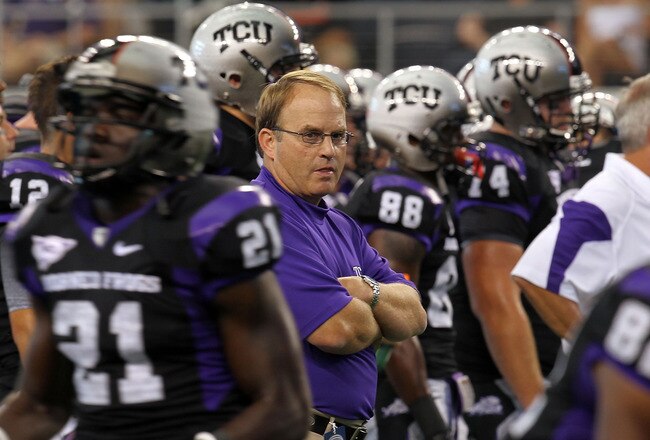 ARLINGTON, TX - SEPTEMBER 04:  Head coach Gary Patterson of the TCU Horned Frogs walks on the field before a game against the Oregon State Beavers at Cowboys Stadium on September 4, 2010 in Arlington, Texas.  (Photo by Ronald Martinez/Getty Images)