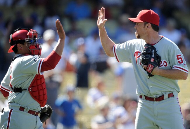 LOS ANGELES, CA - SEPTEMBER 01:  Brad Lidge #55 and Carlos Ruiz #55 of the Philadelphia Phillies celebrate a 5-1 win over the Los Angeles Dodgers during the ninth inning at Dodger Stadium on September 1, 2010 in Los Angeles, California.  (Photo by Harry How/Getty Images)