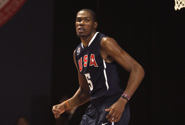 NEW YORK CITY, NY - AUGUST 12:  Kevin Durant #5 looks on during the World Basketball Festival USAB Showcase at Radio City Music Hall on August 12, 2010 in New York City. (Photo by Chris Trotman/Getty Images for Nike)