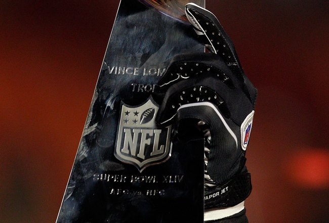 MIAMI GARDENS, FL - FEBRUARY 07:  A detail of the Vince Lombardi Trophy as the New Orleans Saints celebrate after defeating the Indianapolis Colts during Super Bowl XLIV on February 7, 2010 at Sun Life Stadium in Miami Gardens, Florida.  (Photo by Jonathan Daniel/Getty Images)
